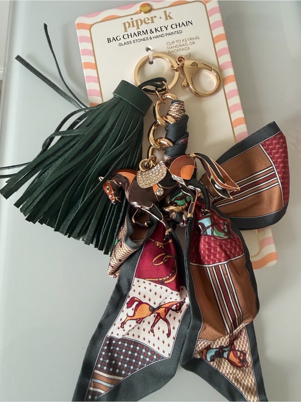 Horse Scarf Tassel Bag Charm in Green, Brown, Burgundy